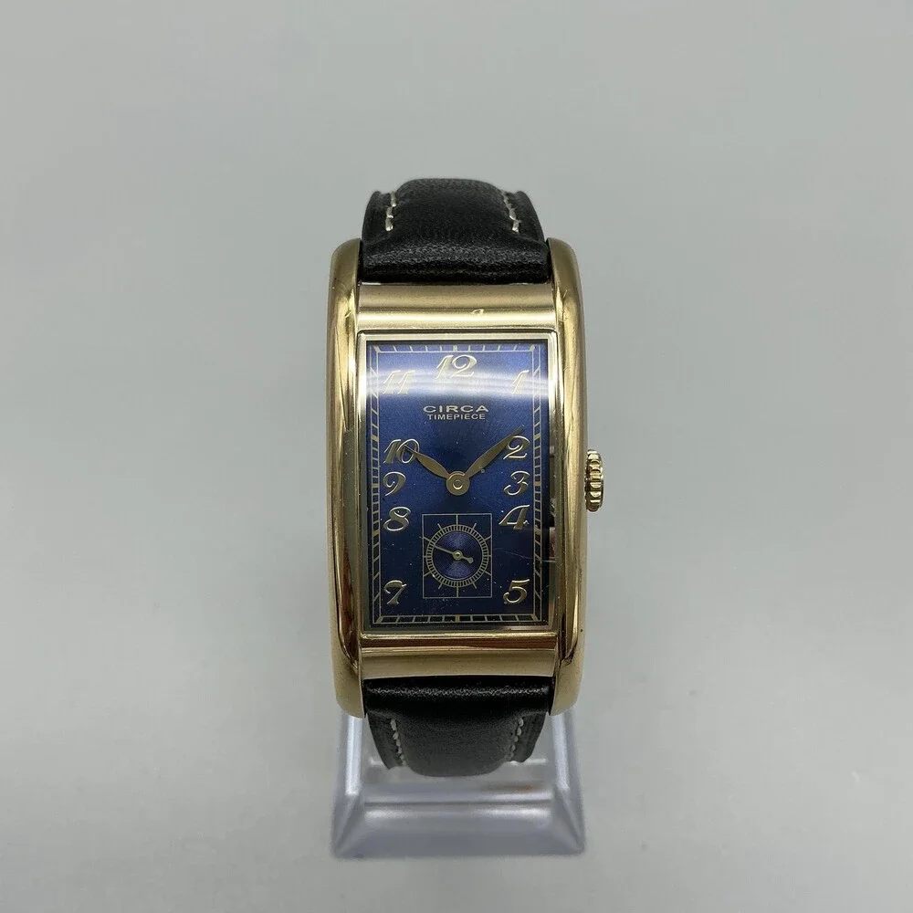 Circa Watch Company Mens Watch 24mm Blue Dial Gold Plated Leather New Battery